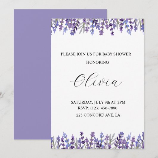 Waterverf Lavendel Flower Baby shower Invitation Save The Date (Voorkant / Achterkant)