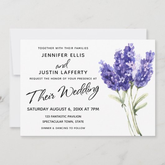 Waterverf Lavendel Flowers, Elegant Bruiloft Kaart (Voorkant)