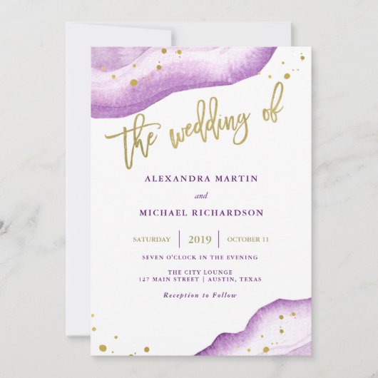 Waterverf Lavendel Gold Geode Huwelijksuitnodiging Kaart (Voorkant)