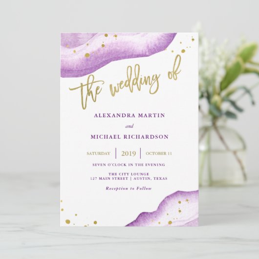 Waterverf Lavendel Gold Geode Huwelijksuitnodiging Kaart (Staand voorkant)
