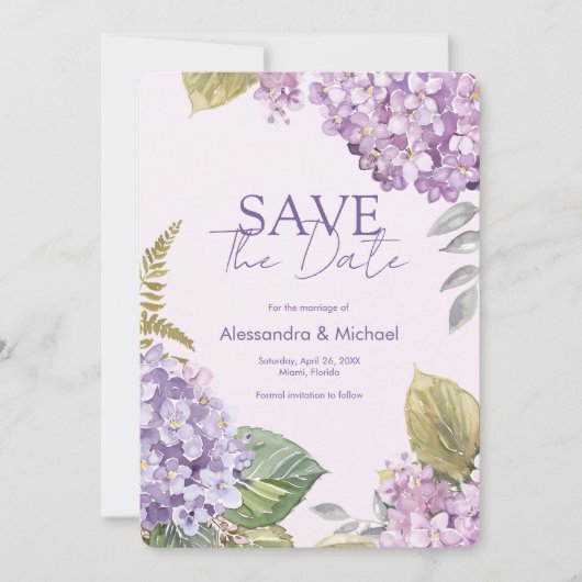 Waterverf Lavendel Hydrangea Save The Date Kaart (Voorkant)