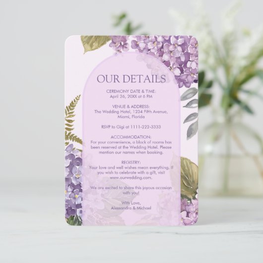 Waterverf Lavendel Hydrangea Varen Bladeren Bruilo Informatiekaartje (Staand voorkant)