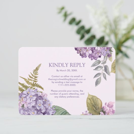 Waterverf Lavendel Hydrangea Varen BladerenBruilof RSVP Kaartje (Staand voorkant)