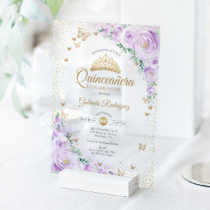 Waterverf lavendel paarse bloemstuk Quinceanera Acryl Uitnodigingen