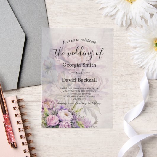 Waterverf Lavendel Peony Wedding Vellum Uitnodigingen (Huwelijk)