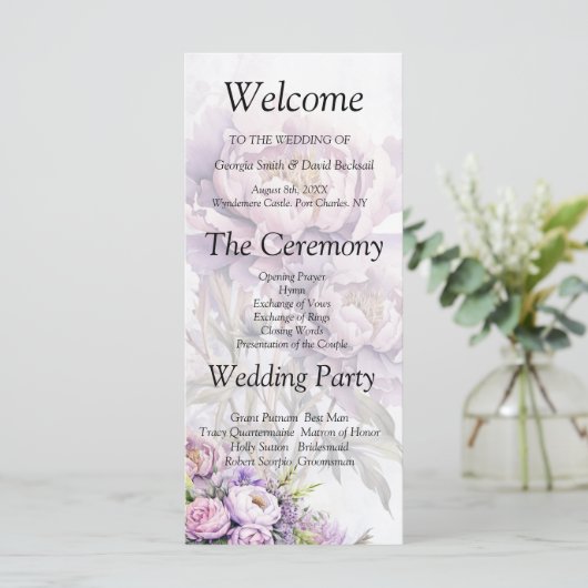 Waterverf Lavendel pioen huwelijksprogramma (Staand voorkant)