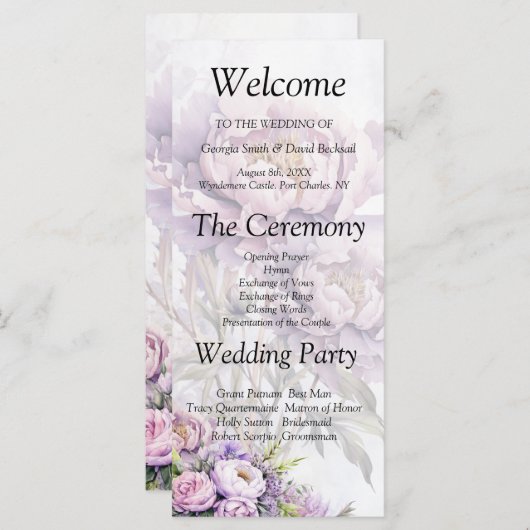 Waterverf Lavendel pioen huwelijksprogramma (Voorkant / Achterkant)