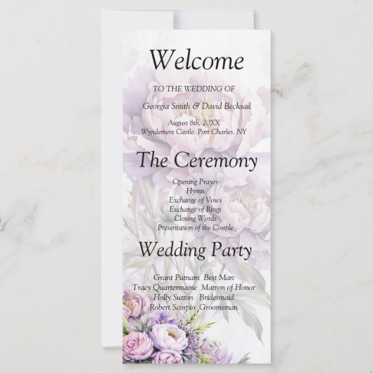 Waterverf Lavendel pioen huwelijksprogramma (Voorkant)