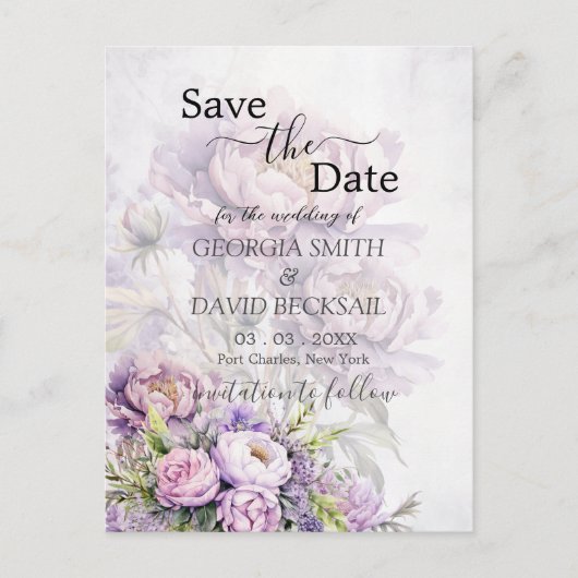 Waterverf Lavendel Pioen Save the Date Briefkaart (Voorkant)