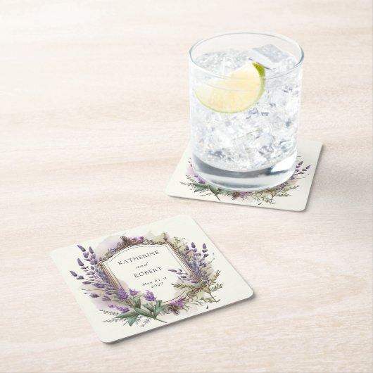Waterverf Lavendel Regal Monogram Bruiloft Kartonnen Onderzetters (Insitu)