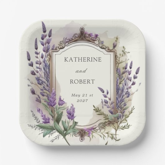 Waterverf Lavendel Regal Monogram Bruiloft Papieren Bordje (Voorkant)