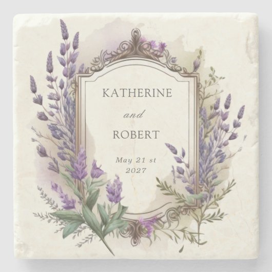 Waterverf Lavendel Regal Monogram Bruiloft Stenen Onderzetter (Voorkant)
