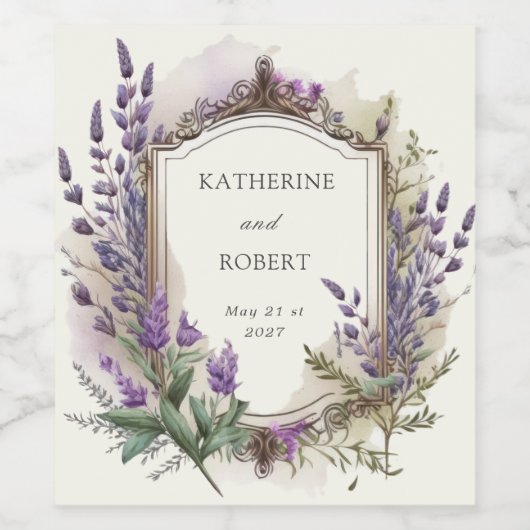 Waterverf Lavendel Regal Monogram Bruiloft Wijn Etiket (Enkel label)