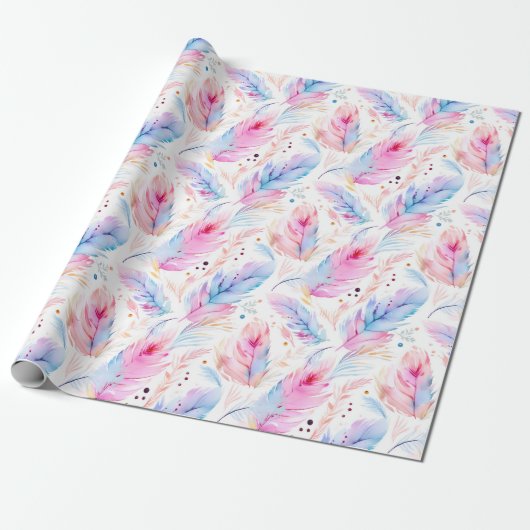 Waterverf Lavendel Roze Bright Feathers Spring Cadeaupapier (Uitgerold)