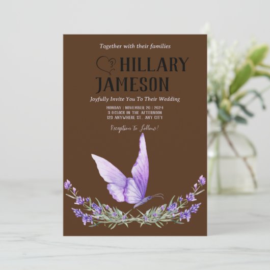 Waterverf Lavendel Vlinder bruiloft Kaart (Staand voorkant)