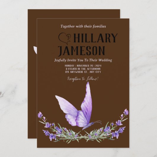 Waterverf Lavendel Vlinder bruiloft Kaart (Voorkant / Achterkant)