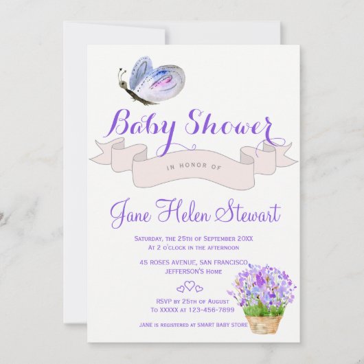 Waterverf lavendel vlinder rustiek baby shower kaart (Voorkant)