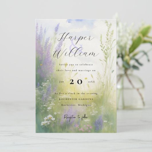 waterverf lavendel weide bruiloft uitnodiging (Staand voorkant)