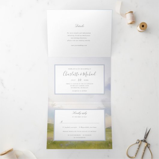 waterverf Lavendel Wildflower weide en landschap Drieluik Uitnodiging (Binnen)