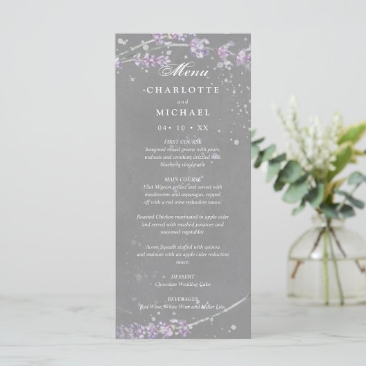 Waterverf lavender bloemen grijs trouwmenu menu (Staand voorkant)