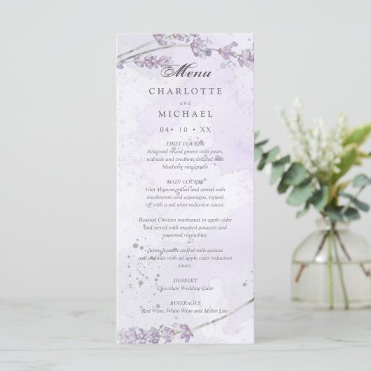 Waterverf lavender bloemen trouwmenu menu (Staand voorkant)