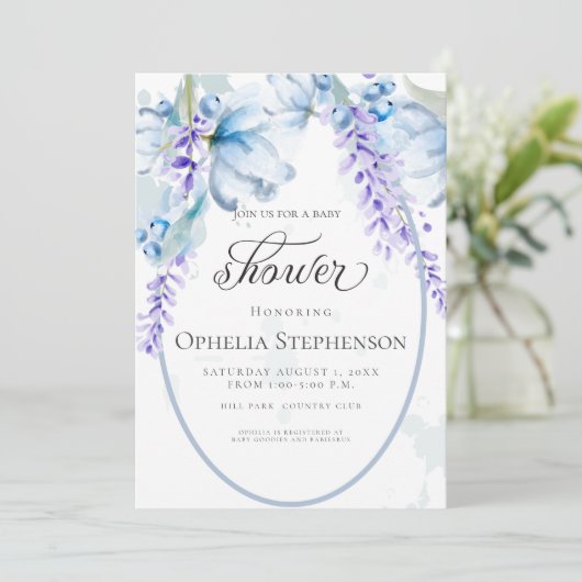 Waterverf Lavender - Dusty Blue Floral Baby shower Kaart (Staand voorkant)