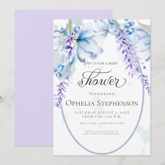 Waterverf Lavender - Dusty Blue Floral Baby shower Kaart (Voorkant / Achterkant)