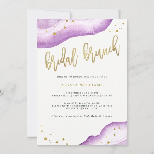 Waterverf Lavender en Gold Geode Bridal Brunch Kaart (Voorkant)