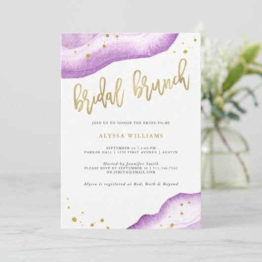 Waterverf Lavender en Gold Geode Bridal Brunch Kaart (Staand voorkant)