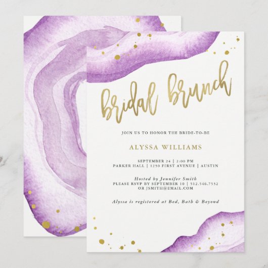 Waterverf Lavender en Gold Geode Bridal Brunch Kaart (Voorkant / Achterkant)