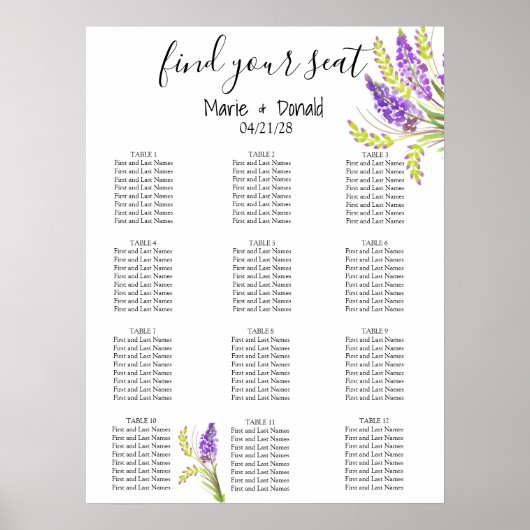 Waterverf lavender en Green Floral Seating Chart Poster (Voorkant)
