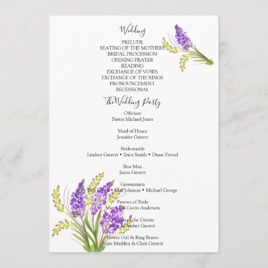 Waterverf Lavender en Green Florals Programmakaart (Achterkant)