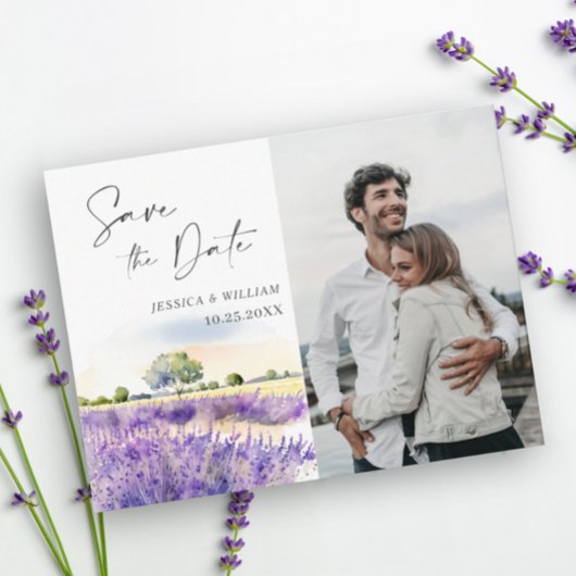 Waterverf Lavender Field Wedding Save the Date Briefkaart