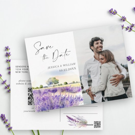 Waterverf Lavender Field Wedding Save the Date Briefkaart