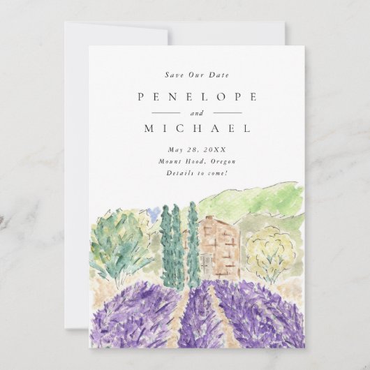 Waterverf Lavender Fields Wedden Save the Date (Voorkant)