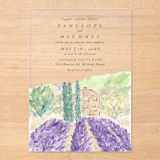 Waterverf Lavender Fields Wedding Acryl Uitnodigingen (Voorkant)