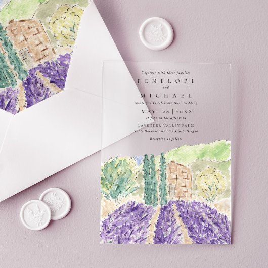 Waterverf Lavender Fields Wedding Acryl Uitnodigingen