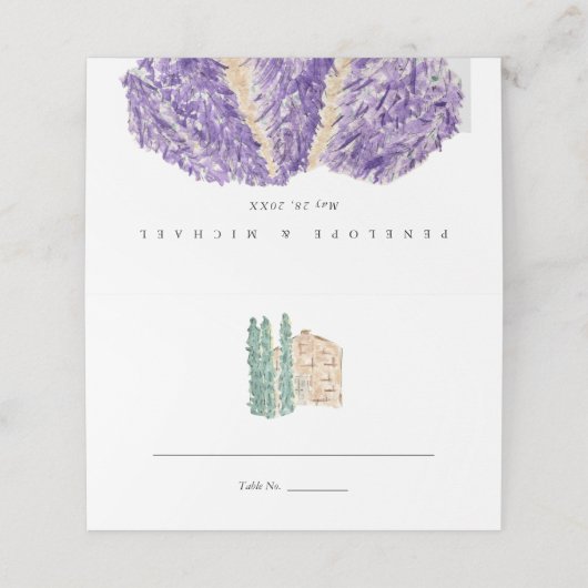 Waterverf Lavender Fields Wedding Folded Plaatskaartje (Buitenkant ongevouwen)