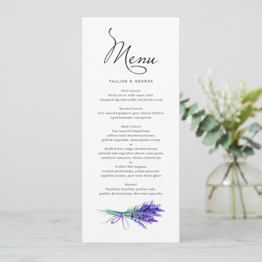 Waterverf Lavender Floral Bouquet Spring Wedding Menu (Staand voorkant)