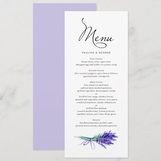 Waterverf Lavender Floral Bouquet Spring Wedding Menu (Voorkant / Achterkant)