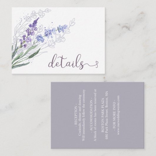 Waterverf Lavender Floral Wedding Details Informatiekaartje (Voorkant / Achterkant)