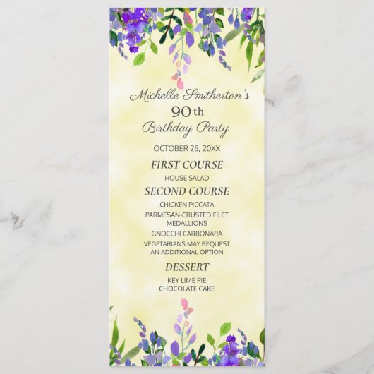 Waterverf Lavender Floral Yellow Birthday Menu (Voorkant)