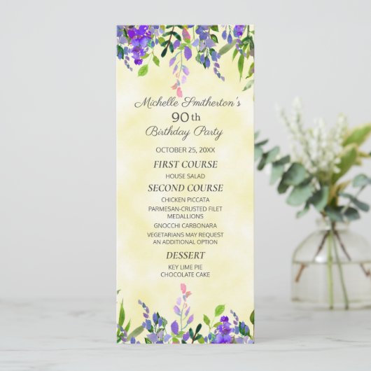 Waterverf Lavender Floral Yellow Birthday Menu (Staand voorkant)