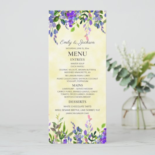 Waterverf Lavender Floral Yellow Wedding Menu (Staand voorkant)