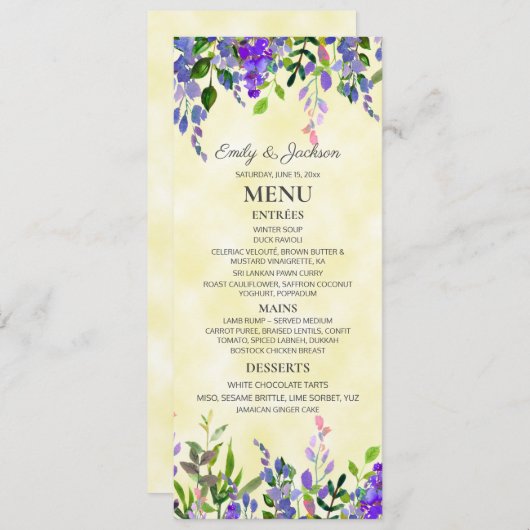 Waterverf Lavender Floral Yellow Wedding Menu (Voorkant / Achterkant)