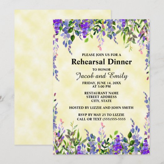 Waterverf Lavender Floral YellowWedding Rehearsal Kaart (Voorkant / Achterkant)