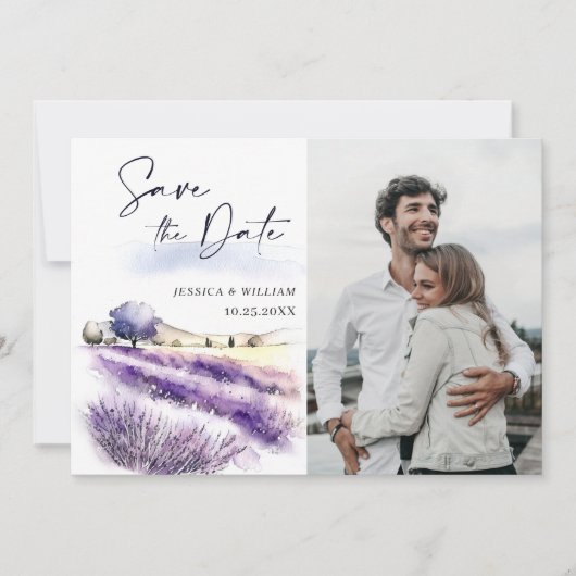 Waterverf Lavender Flowers Field Weddenfoto Save The Date (Voorkant)