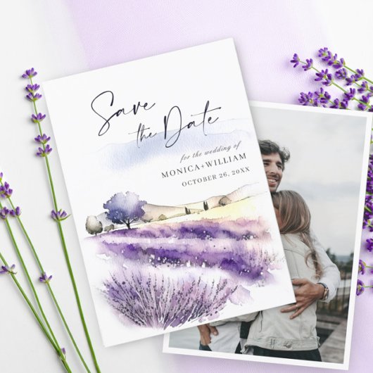 Waterverf Lavender Flowers Field Weddenfoto Save The Date