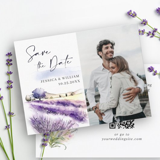 Waterverf Lavender Flowers Field Weddenfoto Save The Date