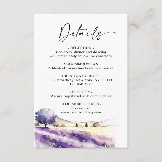 Waterverf lavender Flowers Field Wedding Details Informatiekaartje (Voorkant)